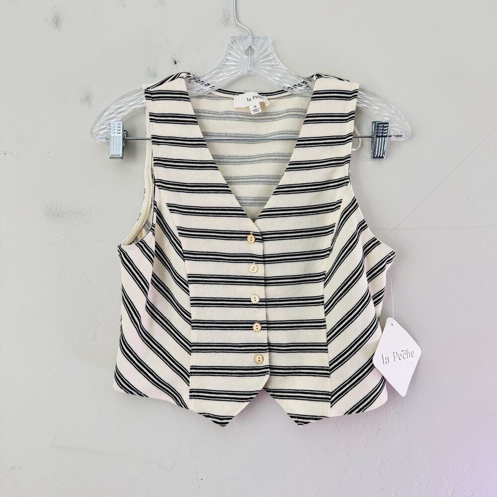 La Peche Sleeveless Cream And Black Striped Button Up Vest Women’s M